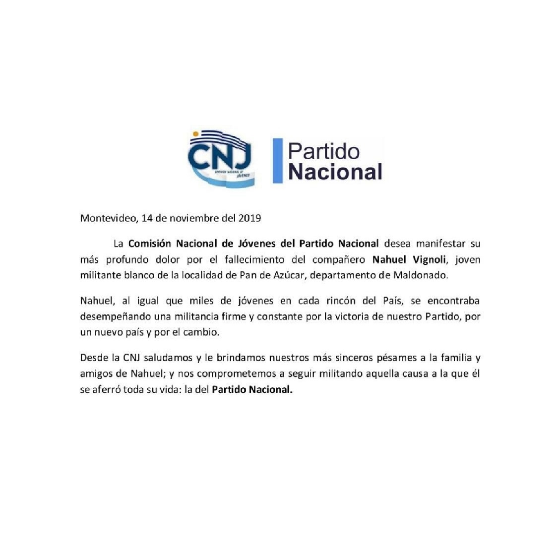BrigadaVaca's tweet photo. Expresamos nuestro más profundo dolor por la pérdida de un militante del Partido Nacional.

Desde diferentes perspectivas creemos en el cambio de la sociedad en la q vivimos. 
Mandamos un fuerte abrazo a sus seres queridos y guardamos en nuestra memoria el nombre dl joven Nahuel https://t.co/haADVmea2T