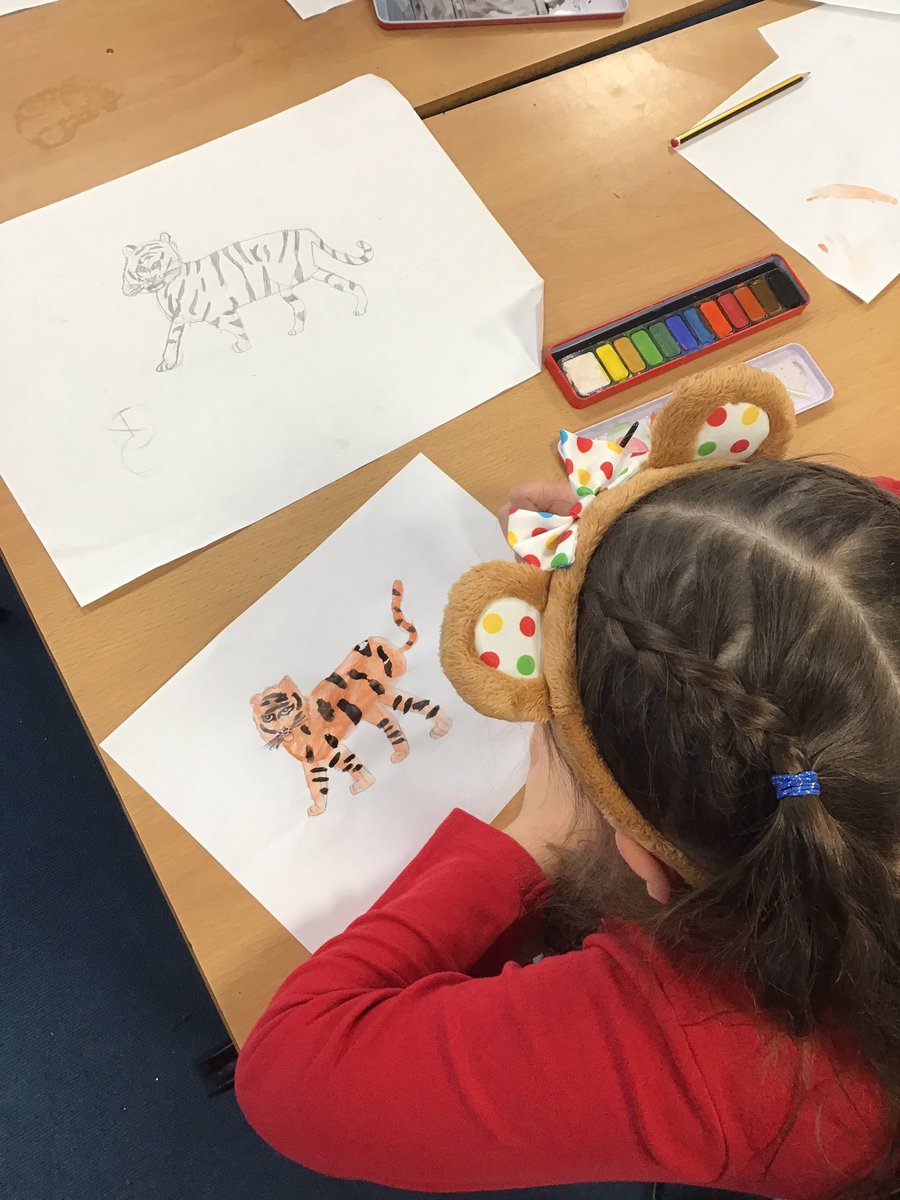 fairfieldnotts's tweet photo. In the jungle, the mighty jungle, the tiger sleeps tonight (I know it should be lion). Year 5 are painting our tiger sketches today, as we continue to learn about the animals that live in the rainforest. #FPA #Shinelikeastar #5EL https://t.co/Y8dX9ls4OA
