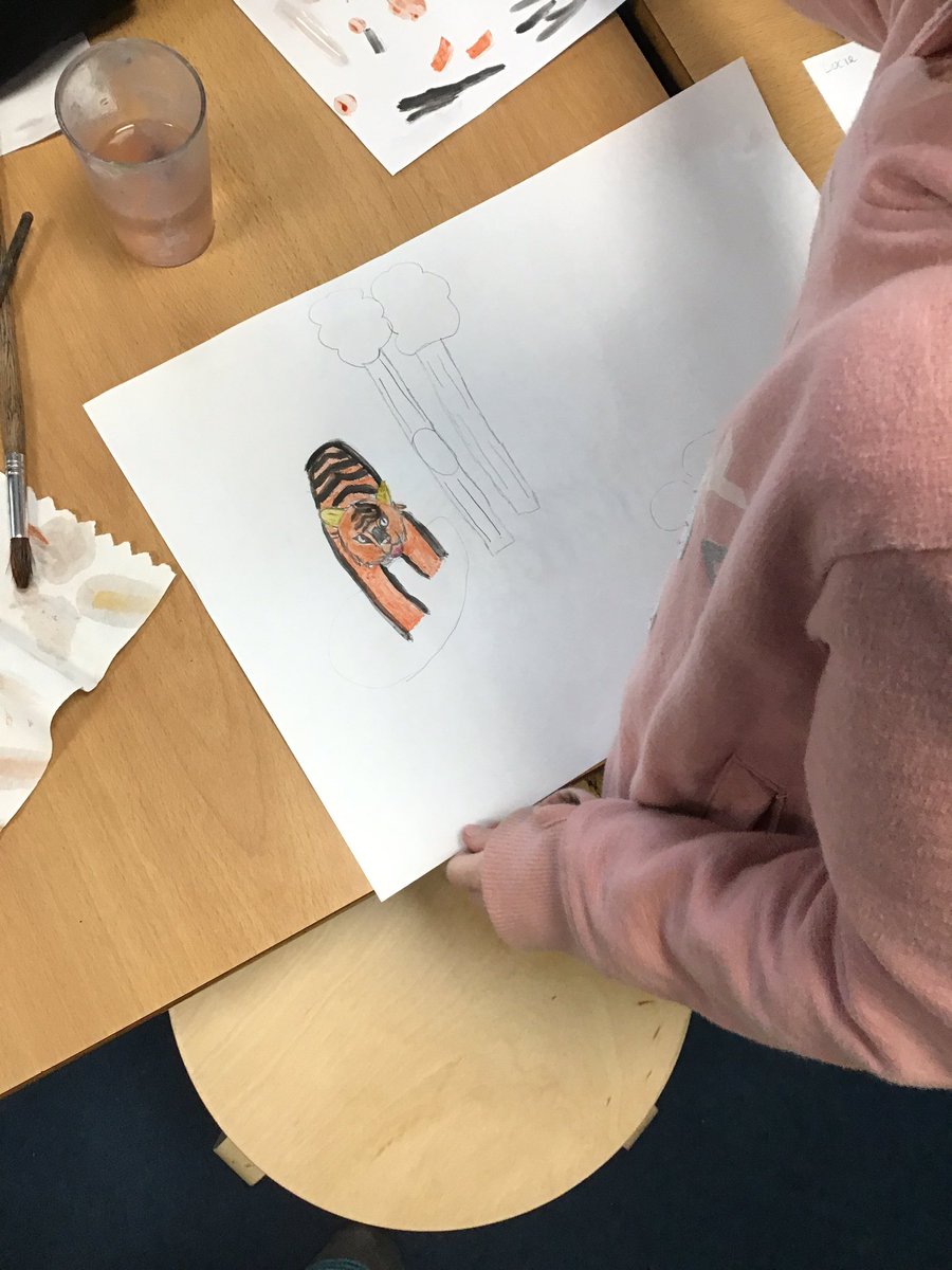 fairfieldnotts's tweet photo. In the jungle, the mighty jungle, the tiger sleeps tonight (I know it should be lion). Year 5 are painting our tiger sketches today, as we continue to learn about the animals that live in the rainforest. #FPA #Shinelikeastar #5EL https://t.co/Y8dX9ls4OA