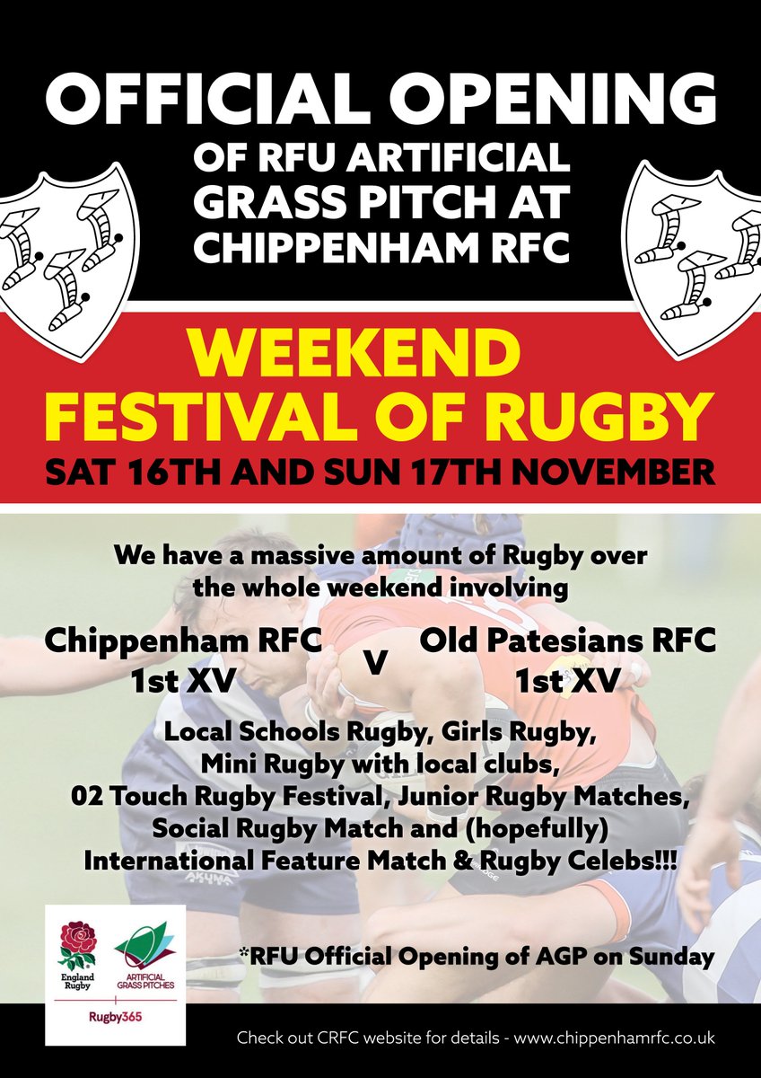 ChippenhamRFC's tweet photo. The Festival of Rugby on #Rugby365 AGP starts on Saturday.
At 11.00am we welcome Year 7's to a Rugby Skills Camp until 12.30. Great Coaches and brilliant facilities for students from @SheldonSchoolPE @StonarPE @HardenhuishPE @MalmesburyPE @abb_pe #ComeandJoinIn #Free https://t.co/XyykkV3JzA