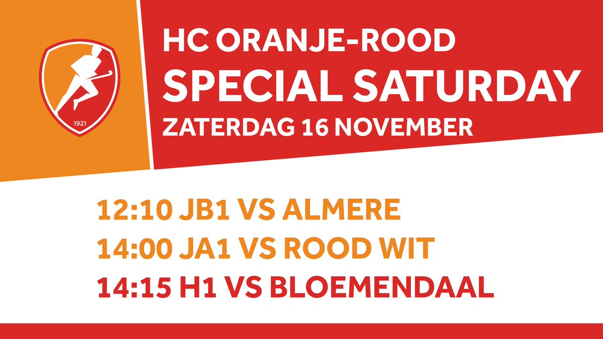 Morgen is het Special Saturday bij HC Oranje-Rood. Met o.a de topper in de hoofdklasse tussen HC Oranje-Rood Heren 1 en koploper Bloemendaal. Daarna is het feest met optredens van DJ Martijn, Mark Elbers en een Special Guest. #datkanalleenbijoranjerood  #ORBLOE #bijzijnismeemaken