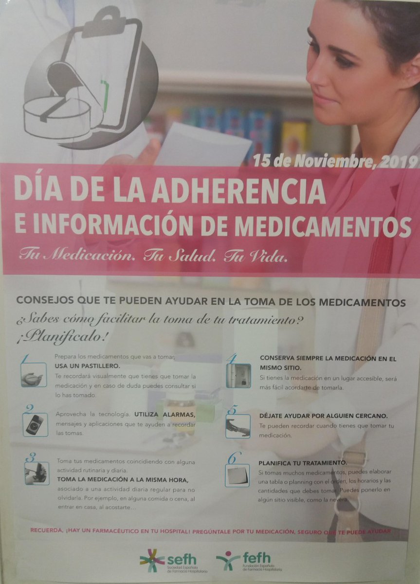 FarmaNutriHCS's tweet photo. 📢Hoy celebramos #DíaAdherancia2019,recuerda, usar pastilleros💊, alarmas⏰,planificar tu tratamiento📆 o pedir ayuda a tu farmacéutico de hospital🏥 te pude ayudar. @AgenciaCostaSol https://t.co/mu9v9mjMho