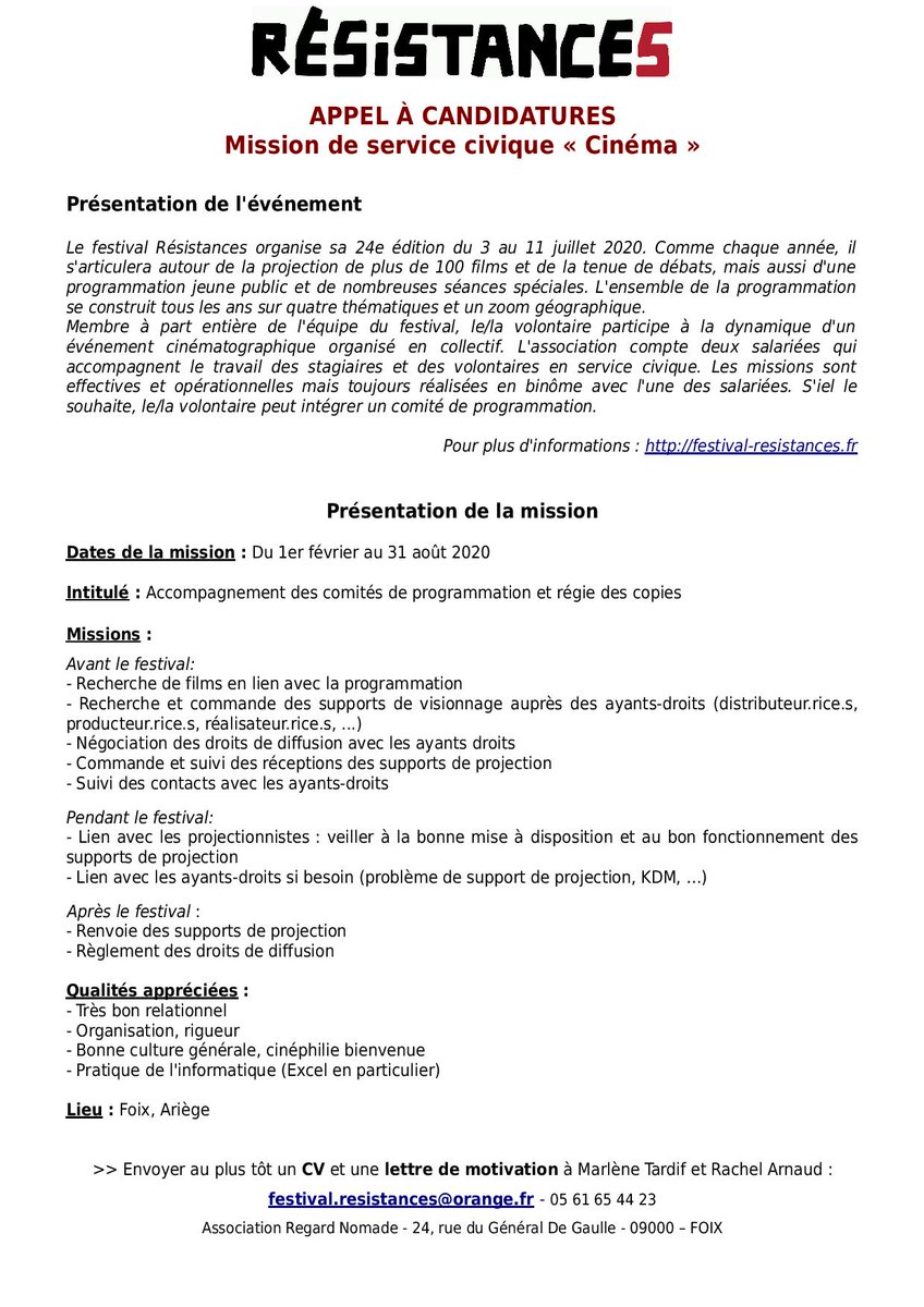 Resistances09's tweet photo. RECHERCHE VOLONTAIRE SERVICE CIVIQUE CINÉMA - Accompagnement des comités de programmation et régie des copies
>> Poste à pouvoir le 1er février 2020 https://t.co/iYBI6zx4v1