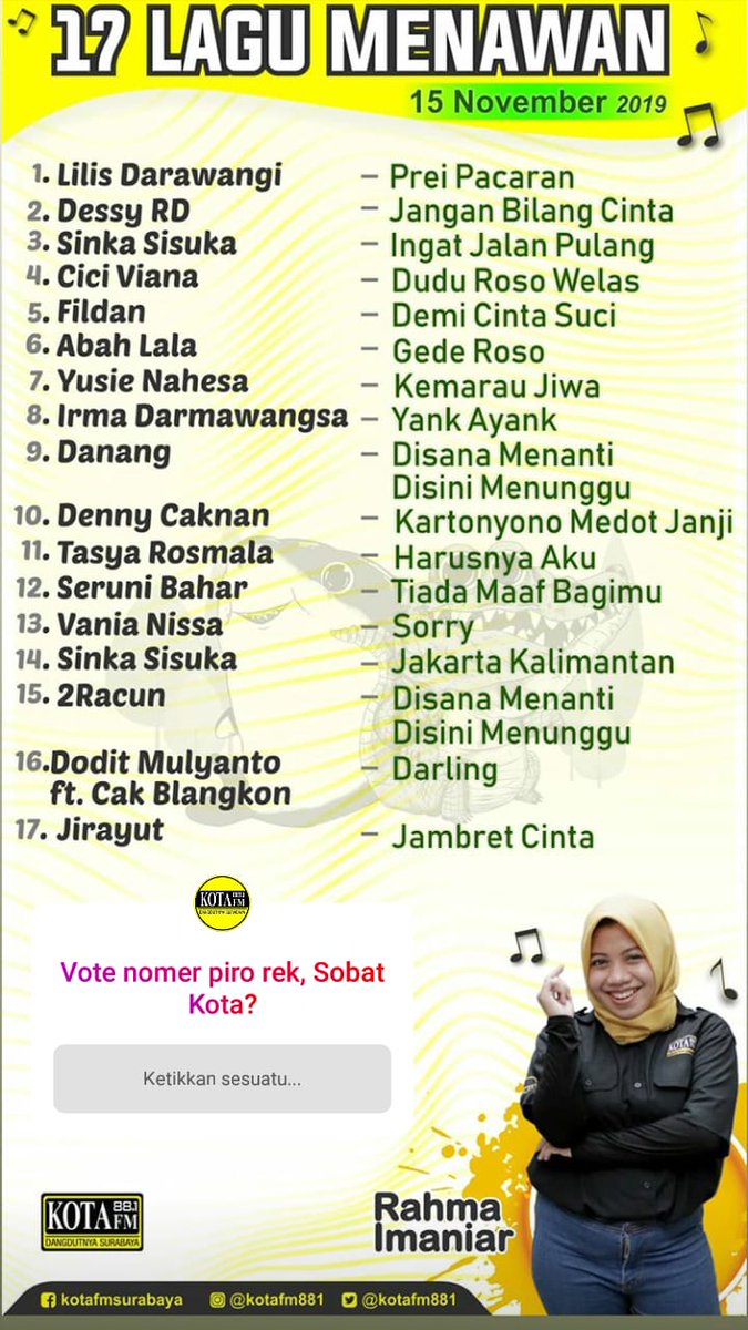 Yuk di vote lagu favoritmu, #17LaguPalingMenawan hari ini bareng <a href="/arinarahmaniar/">Arina Rahmaniar</a>. Komen saiki yok, Sobat Kota!