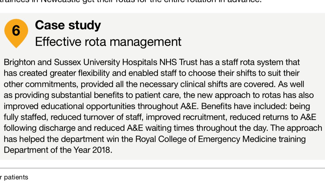 Glad to see mention of good examples of rota management - including one that I had been discussing last week with @NurseCakeHelen. If this can work in A&E, there’s hope for the rest of the hospital. #CaringForDoctors @DrRobgalloway