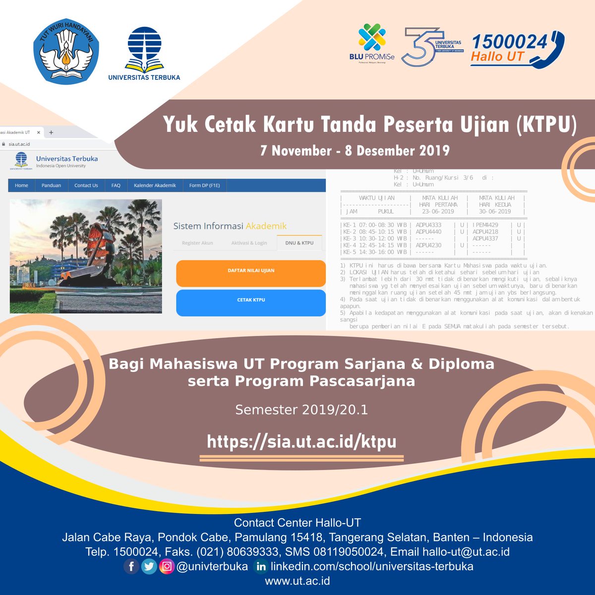 UnivTerbuka's tweet photo. Bagi mahasiswa UT yang akan mengikuti UAS semester 2019/20.1, jgn lupa lakukan pencetakan KTPU di laman https://t.co/XVwAv4aa5f atau di UPBJJ-UT sebelum tgl 8 Des 2019.
Juga persiapkan diri dengan belajar dari buku materi pokok/bahan ajar UT.

#UniversitasTerbuka #KTPU #InfoUT https://t.co/NvVG3DcFVq