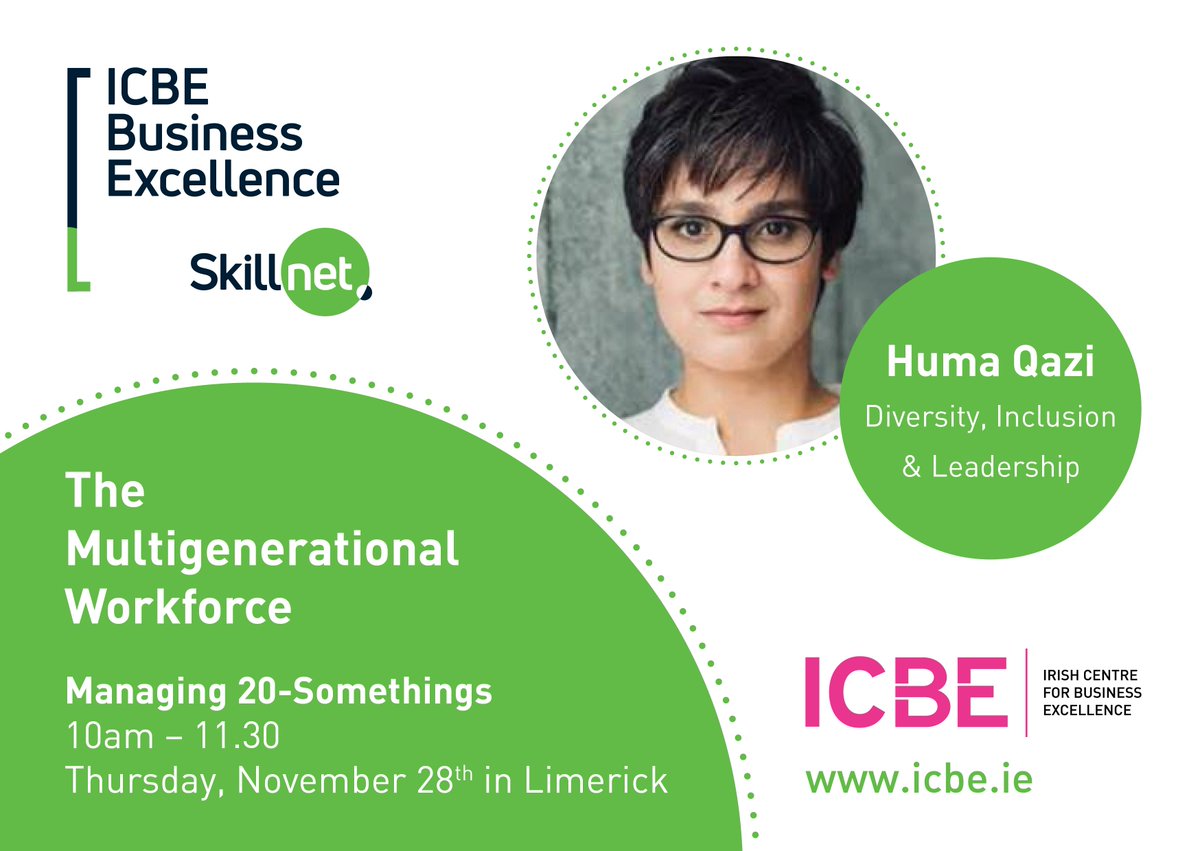 ICBE_Business's tweet image. Join us for this Multi-Generational Workforce event: Managing &amp;amp; Engaging 20-somethings on November 28th 
Contact grainne@icbe.ie for more details @humaqazi #multigenerationalworkforce #collaboration