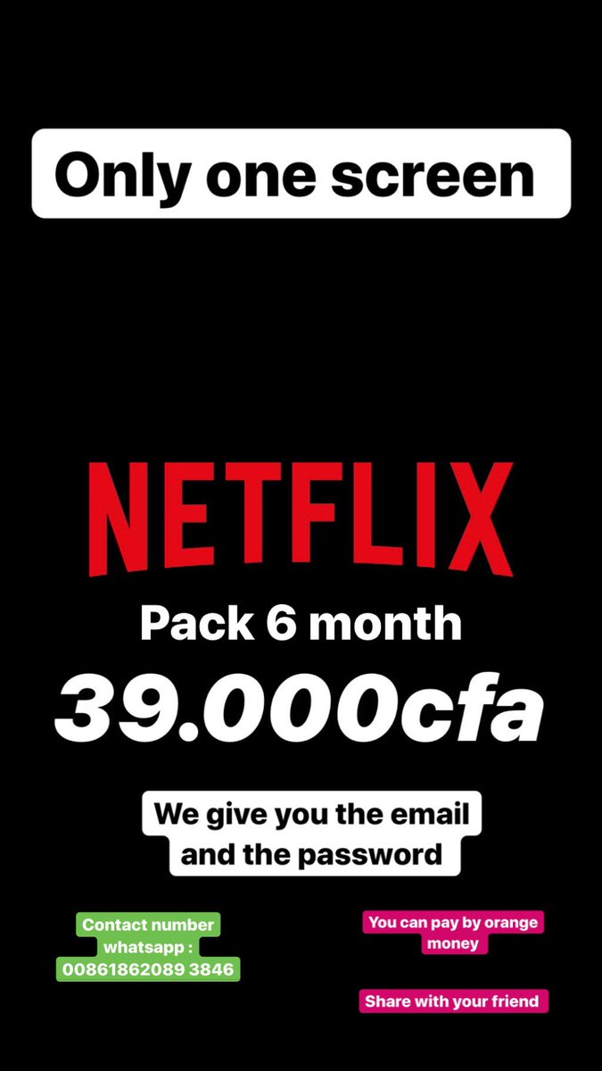 opTomisst's tweet photo. Pack NETFLIX  disponible 6 mois 39.000cfa / payment orange money #RT #TomAlibaba https://t.co/8JJ6Tuoct1