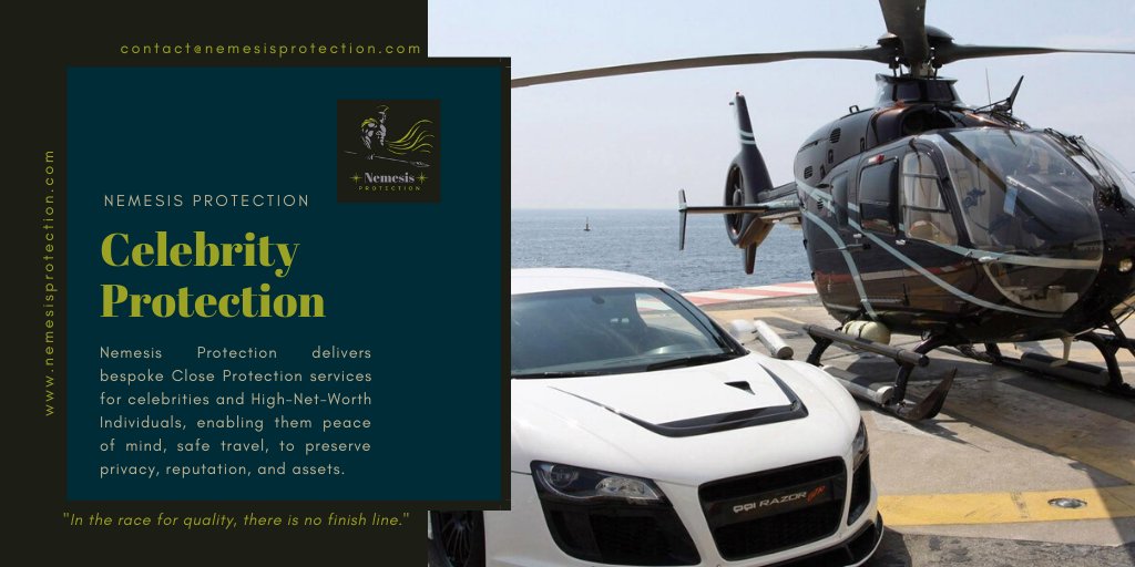 NemesisProtect1's tweet image. #NemesisProtection delivers bespoke #CloseProtection services for #celebrities and High-Net-Worth Individuals (#HNWI), enabling them peace of mind, safe travel, to preserve privacy, reputation, and assets. Get in touch at contact@nemesisprotection.com for more info.