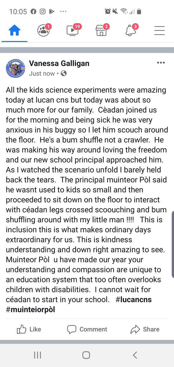 vanessagalligan's tweet photo. @ETBIreland @EduIreland @LucanCNS @Education_Ire @DownSyndromeIRL @Downsyndromecen @InclusionIre overwhelmed today by the natural instinct of our principal #muinteiorpòl in @LucanCNS who bum shuffled around the floor with cèadan while he felt a bit off #inclusion https://t.co/L39VPDeLgA
