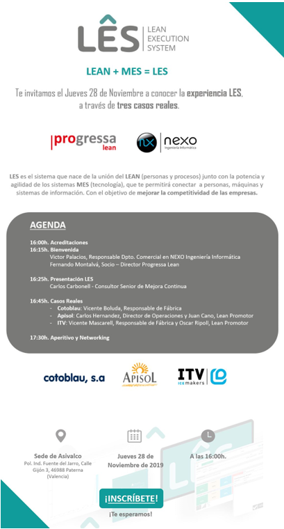 progressalean's tweet photo. Te esperamos el Jueves 28 de Noviembre a las 16:00h en ASIVALCO (Asociación Empresarial) para conocer la EXPERIENCIA LES, de la mano de PROGRESSA LEAN, NEXO INGENIERIA INFORMATICA SL, COTOBLAU SA, APISOL S.A., ITV Ice-makers.

Inscripción: https://t.co/5i4vzlQBzv https://t.co/FrZXJD0gIY
