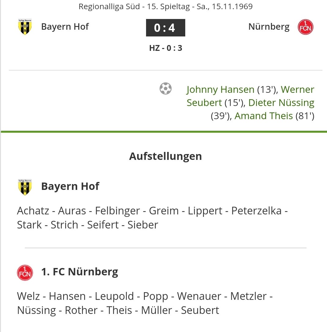exclubberer's tweet photo. Heute vor 50 Jahren gewann #DerClub (2.) bei Bayern Hof (10.) durch Tore von #Hansen, #Seubert, #Nüssing und #Theis mit 4:0. Es war der 8. Sieg des #FCN in Folge und Platz 1 der Regionalliga. https://t.co/4V4WXFs0q1
