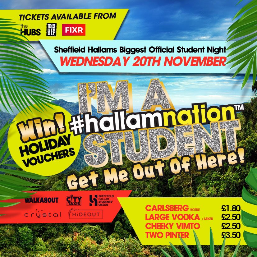 Fancy winning some holiday vouchers at next weeks #Hallamnation?? Get yourself down to <a href="/Crystal_Sheff/">Crystal Bar Sheffield</a> on Wednesday night🙈🐜
🎟 fixr.co/organiser/hall… 🎟