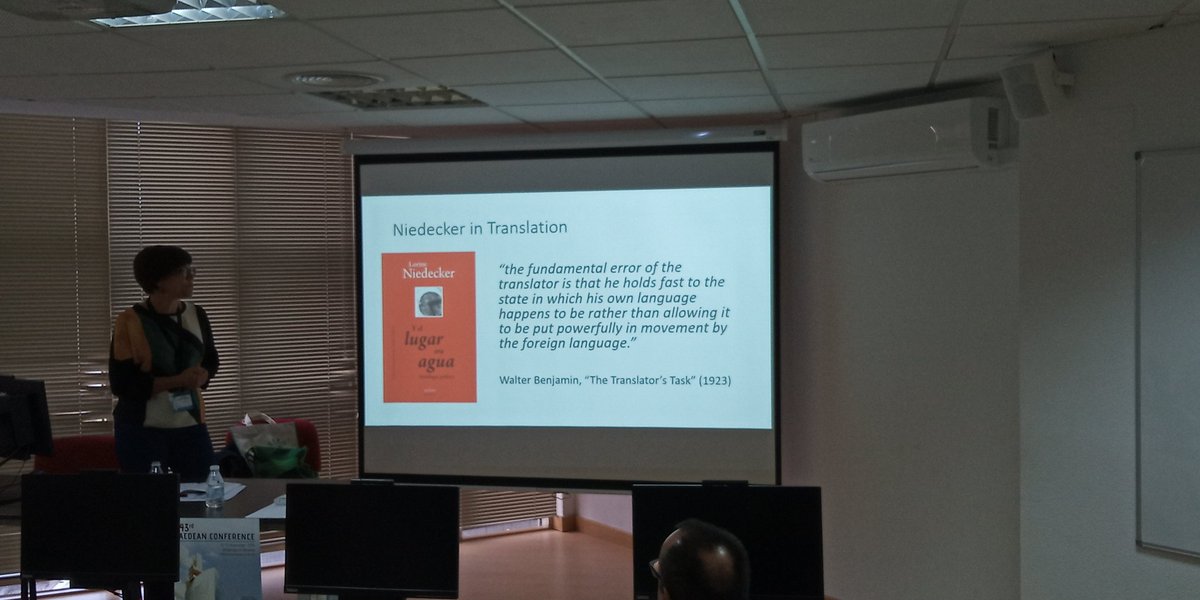 aedean2019's tweet photo. Natalia Carbajosa and her "Between Strangeness and Natural Equivalences: Translating Niedeckler's Experimental Poetry" will open the last presentations on translation. #AEDEAN2019 https://t.co/u0cb6DSbru