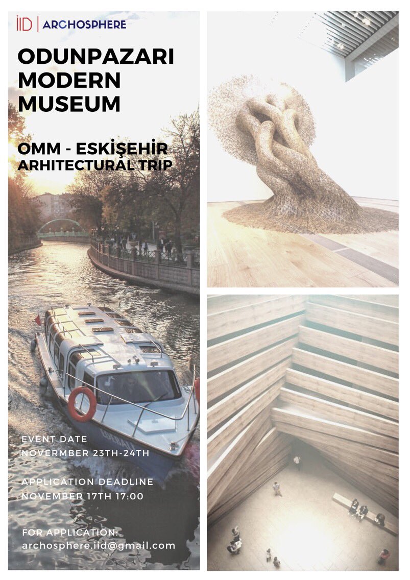İID | ARCHOSPHERE
Odunpazarı Modern Müze - Eskişehir gezisi başvurları 17 Kasım saat 17:00'a kadar devam ediyor. Etkinlik herkese açıktır.
Sorularınız için; archosphere.iid@gmail.com
Başvuru için form; forms.gle/CttqbkJ3iFw65J…