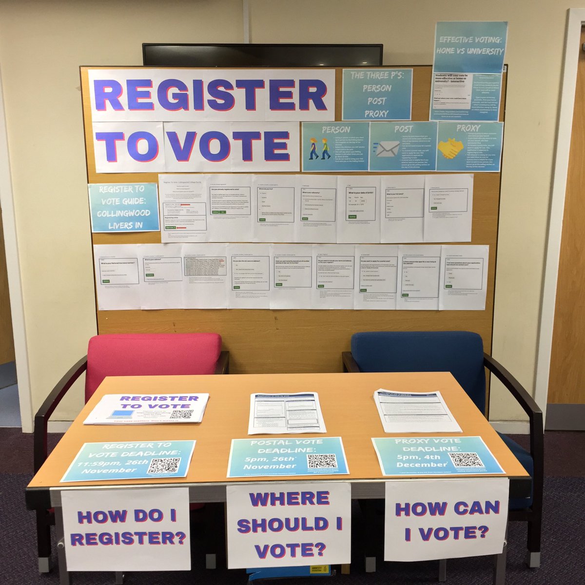 🗳 REGISTER TO VOTE 🗳

Come along to our stand for helpful info on registering to vote, including a Livers In Guide for Collingwood students. 

You can also pick up a postal/proxy vote application form!! 

gov.uk/register-to-vo…