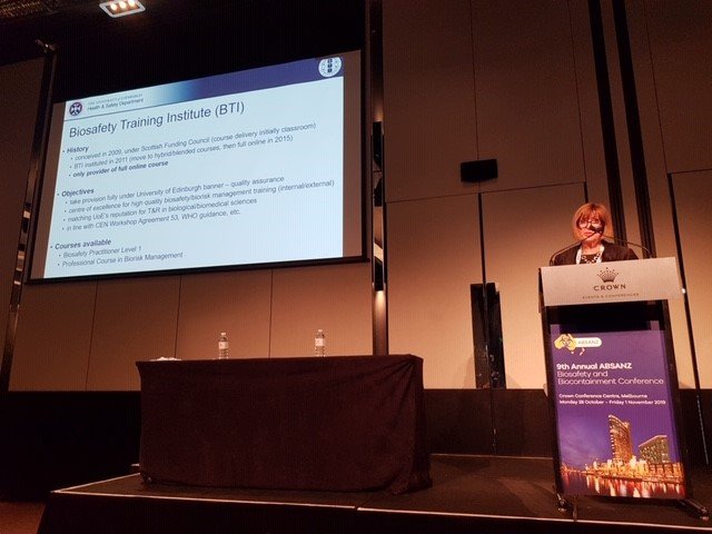 BTIEdinburgh's tweet photo. Delighted that June Freeland spoke about the BTI at the 9th Annual #ABSANZ #Biosafety and #Biocontainment Conference in #Melbourne #Australia this month.  Looking forward to welcoming more delegates onto our international online Professional Course in #Biorisk Management. https://t.co/X5hzma8Amk