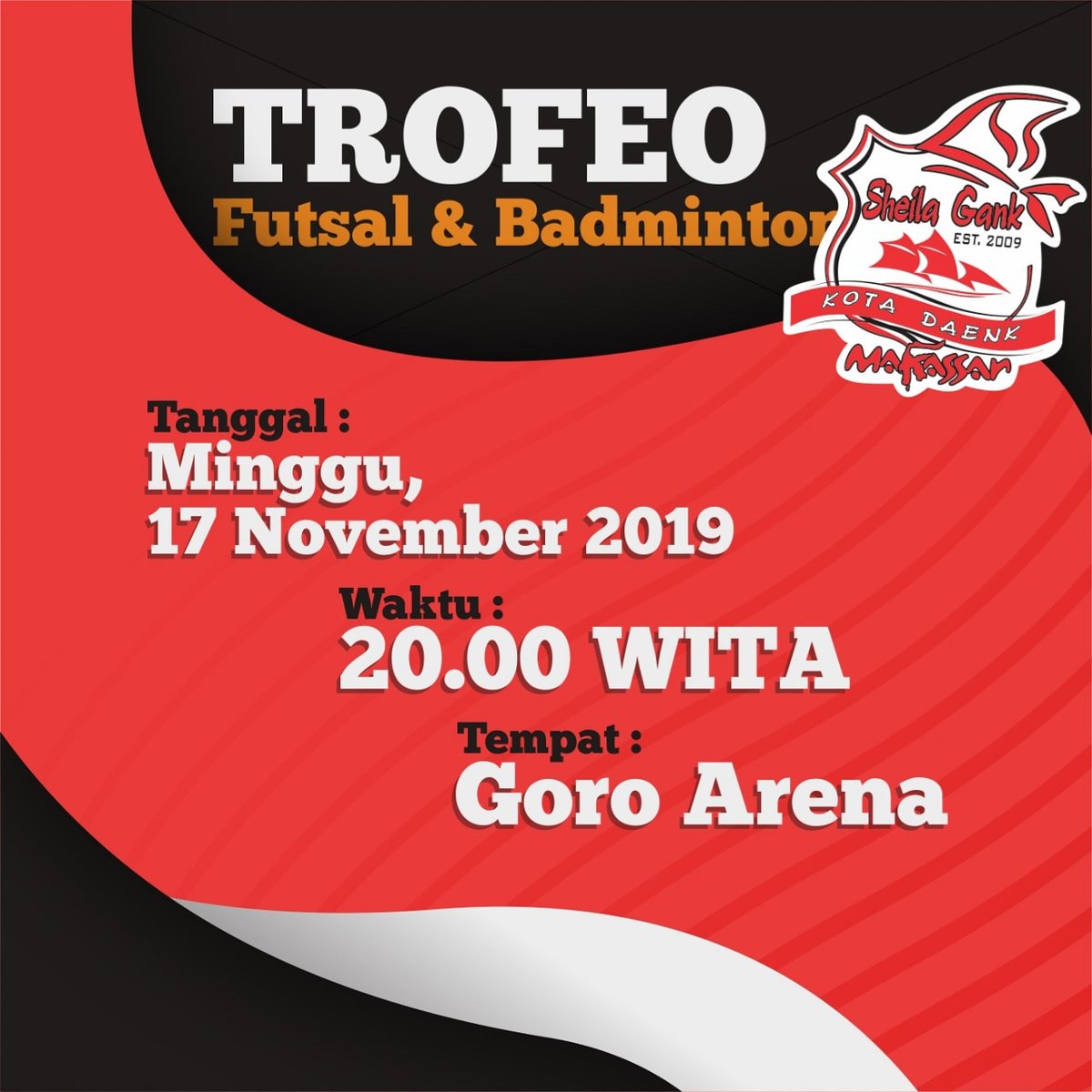 Save The Date !
TROFEO CUP SheilaGank Kota Daenk ( Futsal &amp; Badminton )
Datang dan Ramaikan bersama yaa Ganks 😉🏃

 MEMBER ONLY !!!
.
.
.
#sheilon7 #sheilagank #sheilagankkotadaenk #trofeocup #futsal #badminton #backupsingerofsheilaon7 #weareonebigfamily