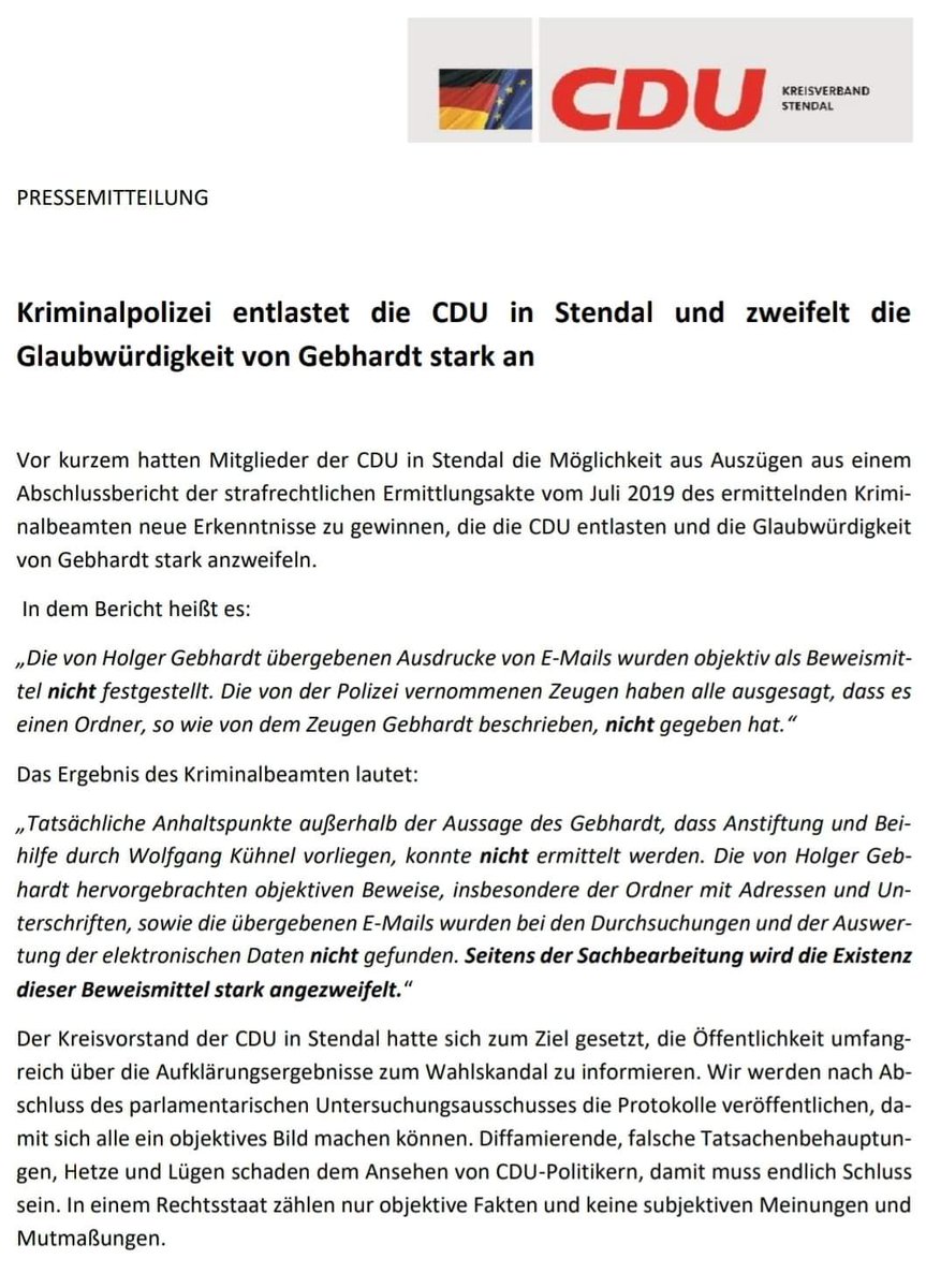 #Wahlskandal: Kriminalpolizei entlastet die #CDU in #Stendal und zweifelt die Glaubwürdigkeit Holger #Gebhardt|s stark an.