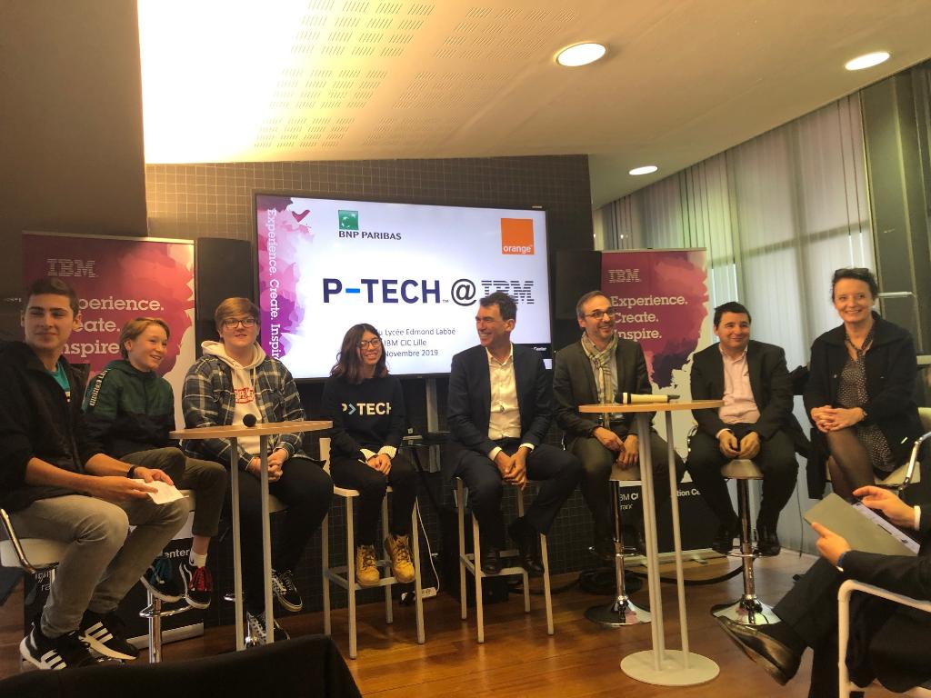 IBM_France's tweet image. La classe #PTech du @LyceeLabbe en visite à l&apos;IBM Client Innovation Center de Lille, 
L&apos;occasion pour les éléves d&apos;échanger avec les entreprises partenaires du programme #PTech  : @IBM_France @orange @BNPParibas et d&apos;assister à des ateliers méthode #agile et #Cybersécurité