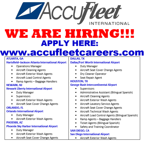 WE ARE HIRING at several airports!
'Please share' if you know anyone looking for work.
#AccuFleet #AccuFleetjobs #airportjobs #ATLairport #DFWairport #EWRairport #IAHairport #MCOairport #PHXairport #SANairport