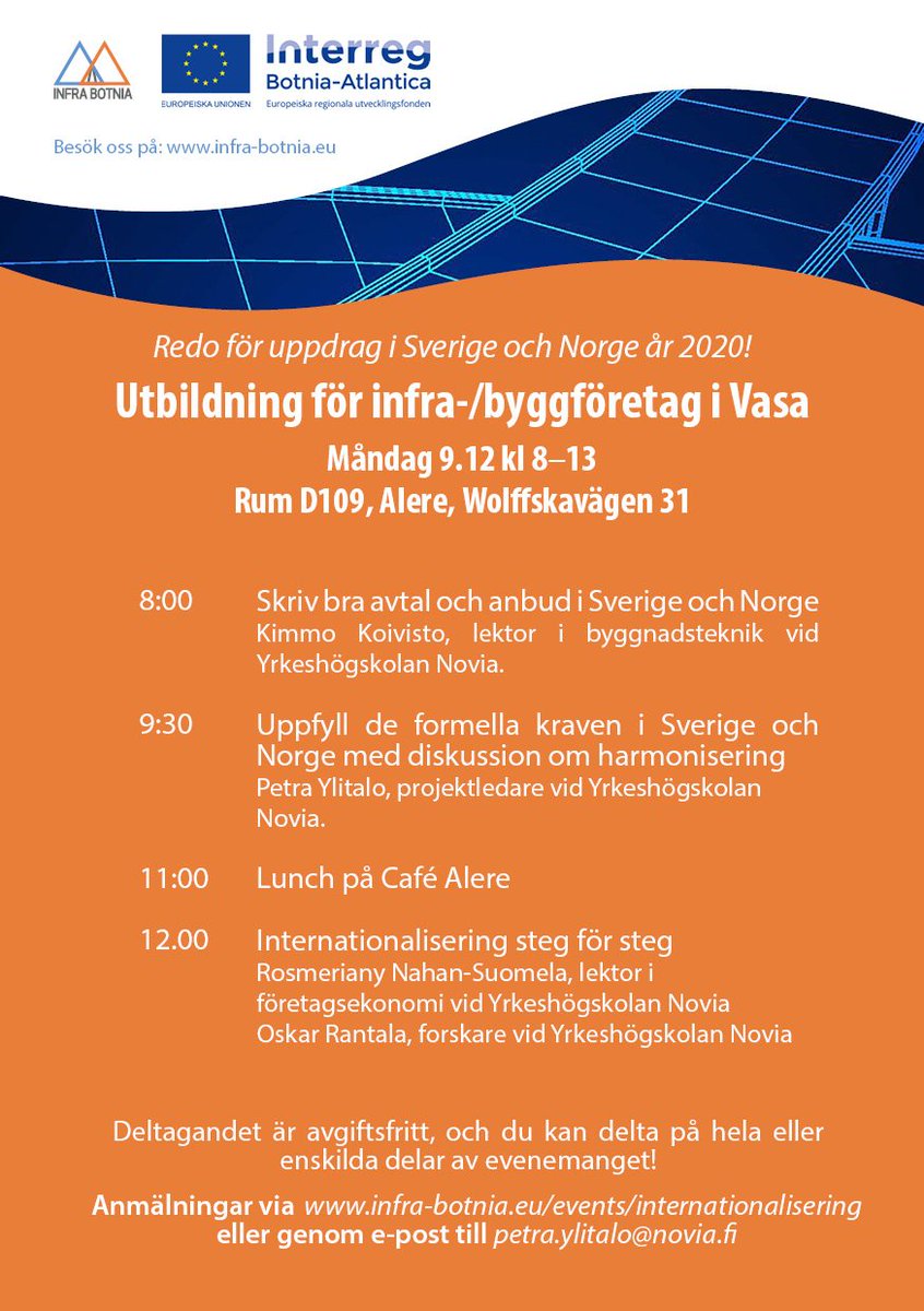 Infra-Botnia järjestää kansainvälistymiskoulutuksen Vaasassa maanantaina 9.12 ja kutsuu kaikki aiheesta kiinnostuneet mukaan! Måndag 9.12 ordnar Infra-Botnia en utbildning i internationalisering i Vasa. Vi önskar alla intresserade välkomna. #Vaasa #Vasa #infra