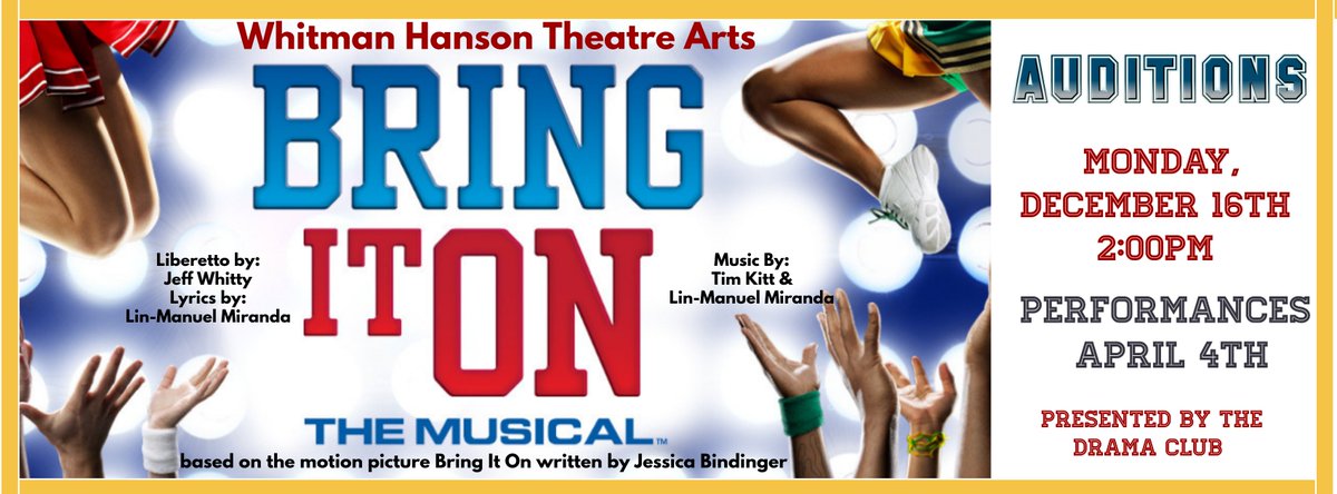 Drama Club meeting today! 2:00-3:00
Information about Bring It On the Musical and sign up for auditions!
We are SO excited to bring this to the stage!
#WHpantherpride