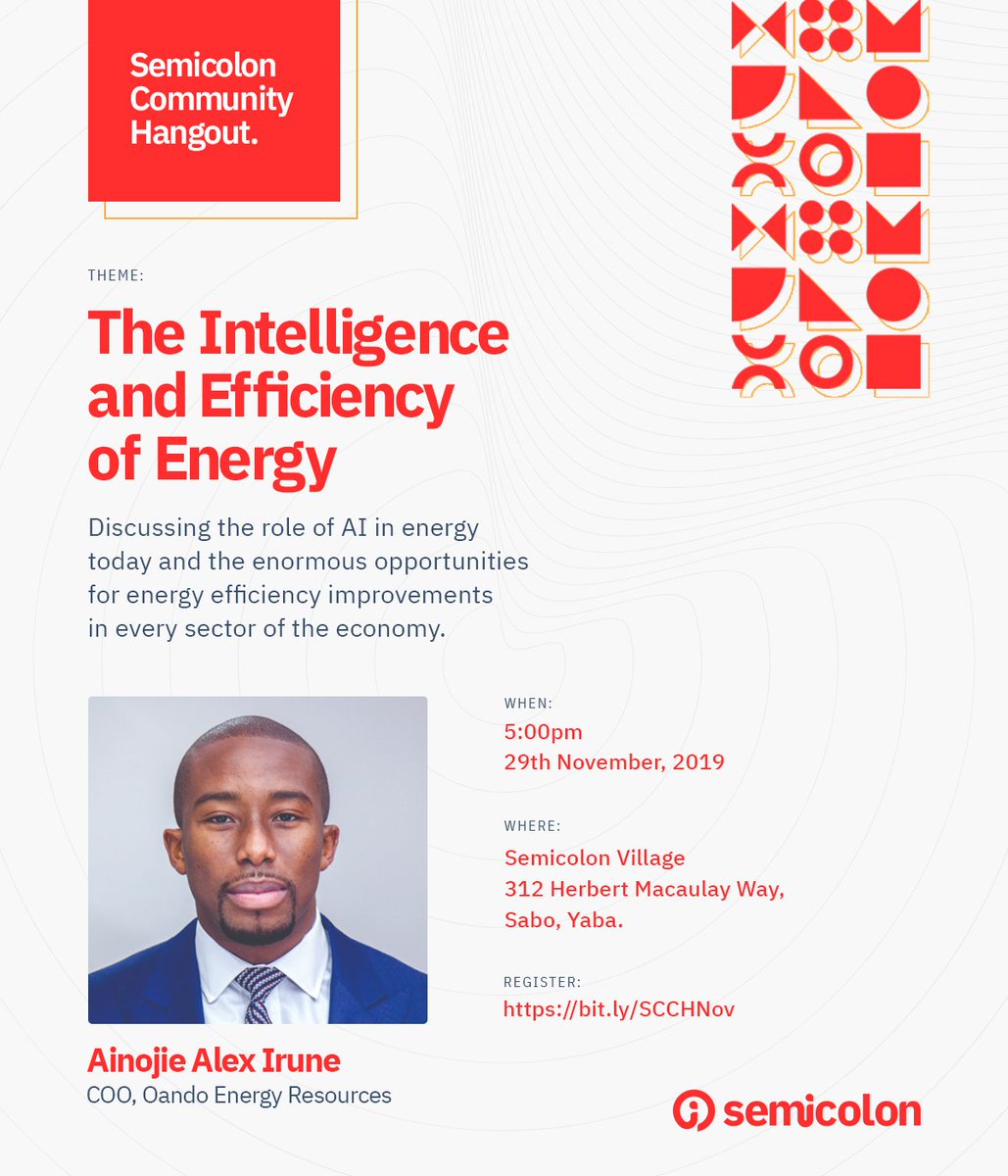semicolonafrica's tweet image. This month&apos;s hangout promises to be super exciting as we will be delving into one of the most controversial sectors in the country - Energy!

Join us in an #interactive session with the COO of Oando Energy Resources - @airune - as we discuss AI in #Energy.
__
#TechInEnergy