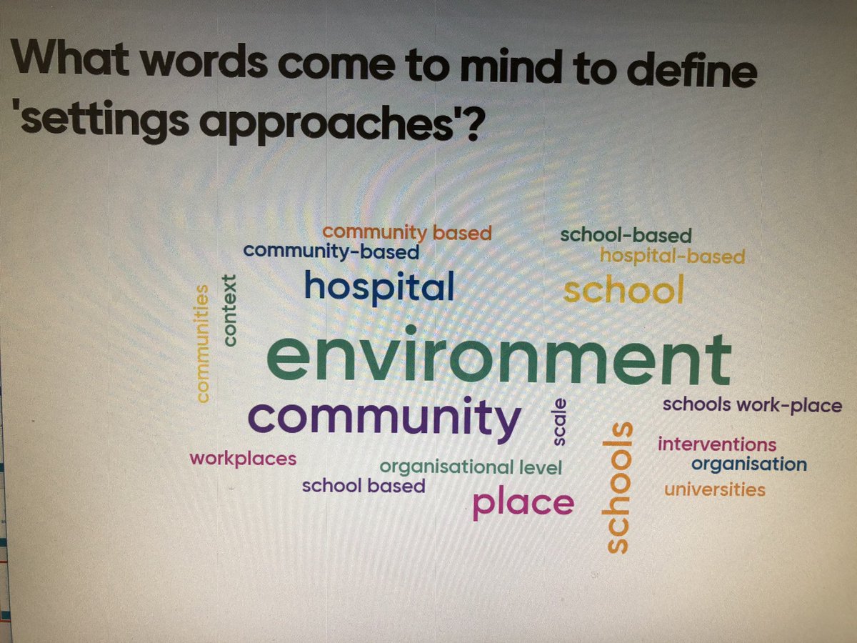 DrHJLittlecott's tweet photo. I delivered a lecture on settings approaches today and asked students to contribute to word clouds at the beginning and end. It’s nice to know that the students have listened, engaged and understood! #MSc #publichealth #complexsystems #settingsapproach https://t.co/wJENqDNI7J