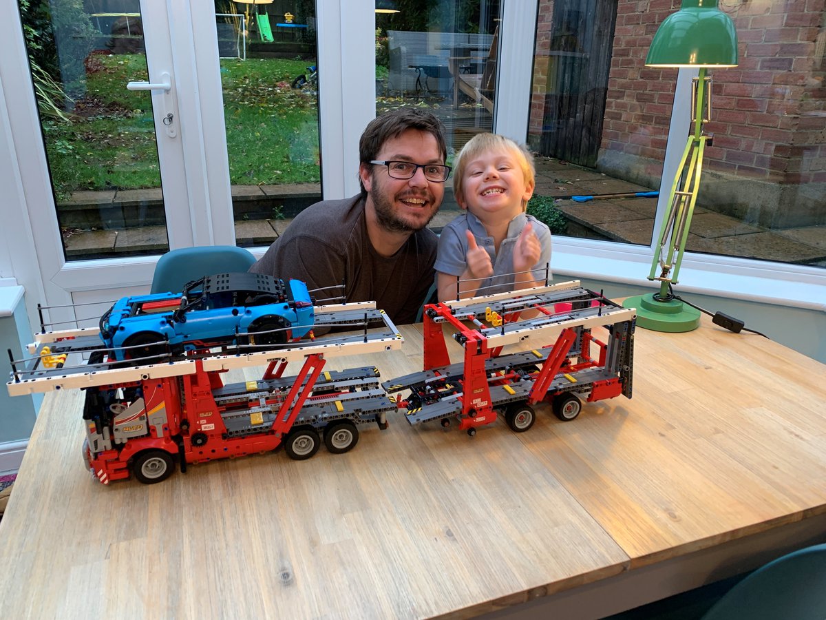 mallard44's tweet photo. Thanks again to @inform_software for the amazing @LEGO_Group Car Transporter. When the boy builds it himself in 10yrs, worried what his comments will be. What's a V8? Why has this car got a steering wheel? What's a car transporter? #AutonomousVehicles #ElectricVehicles https://t.co/EN00uykade