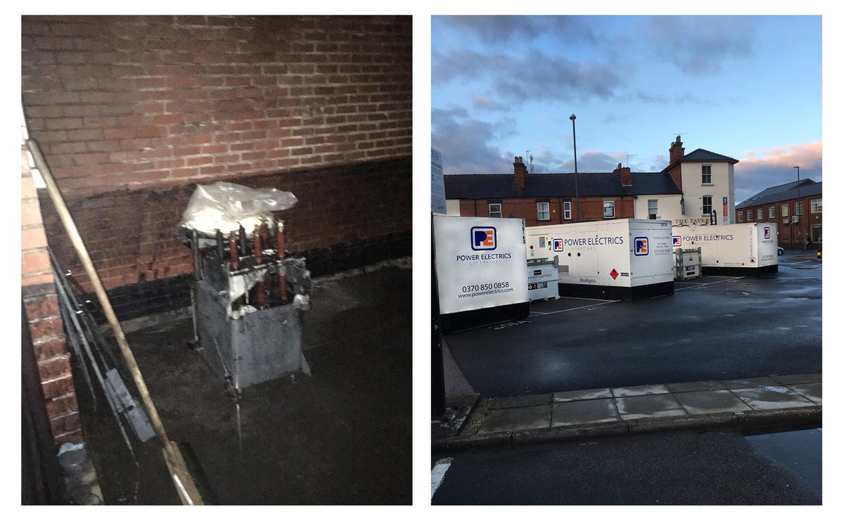 PowerElectrics's tweet photo. A Police and NHS call centre lost power when their HV sub station was flooded with over four feet of water. Our team of generator experts provided 2.4MWs of temporary power to get the centre back up and running within 12 hours of the order. #TemporaryHVPower #HVPower https://t.co/Sz1yNlLSzF