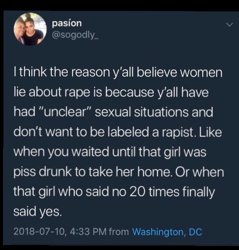 fem_emp's tweet photo. Rapists don't hide in dark alleys waiting to hunt, they live in our homes and share laughs with us. #Endrape #LearnConsent https://t.co/EEePCA1SQR