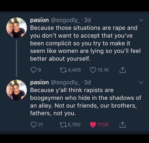 fem_emp's tweet photo. Rapists don't hide in dark alleys waiting to hunt, they live in our homes and share laughs with us. #Endrape #LearnConsent https://t.co/EEePCA1SQR