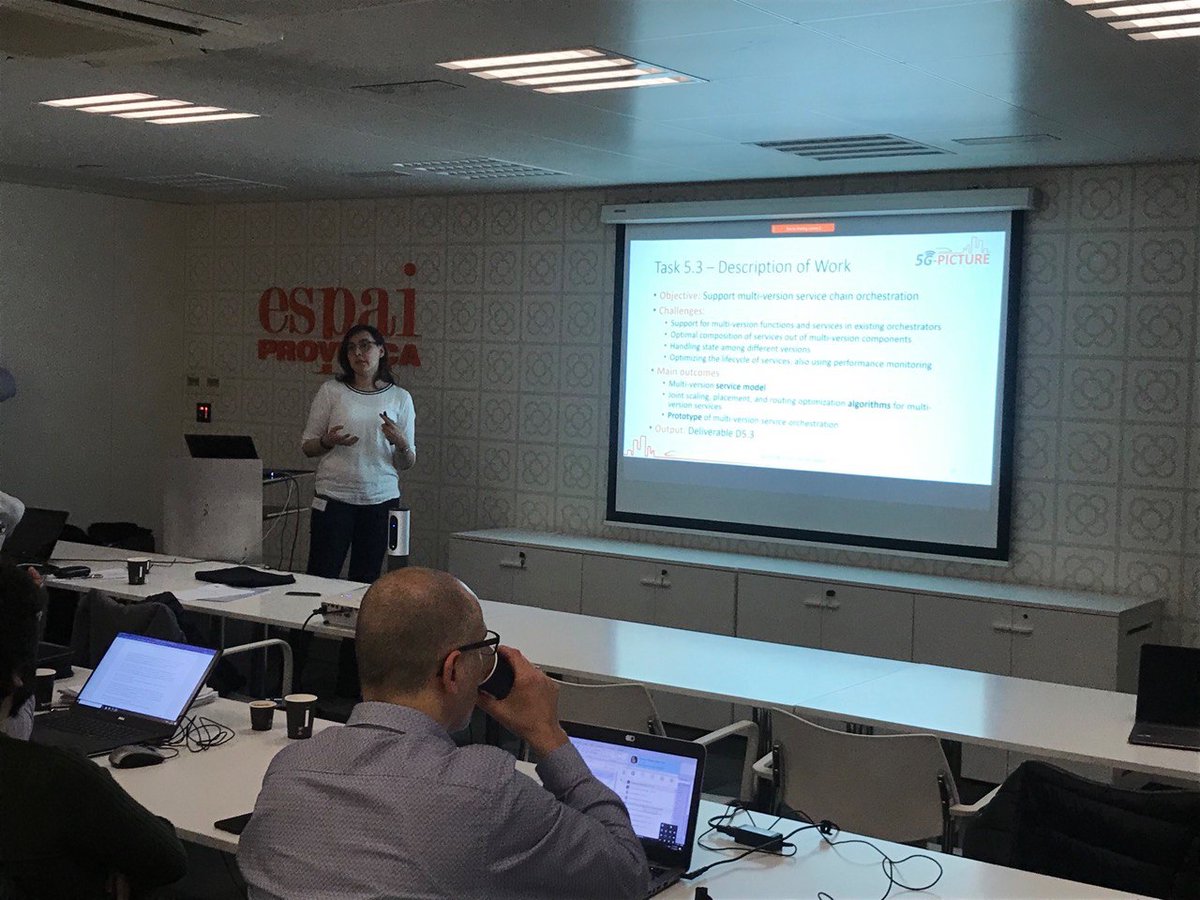 Reviews are not just demos; sometimes, you have to give a talk as well: @sevil_draexler presents WP5 on the "5G Operating System" at the <a href="/5G_PICTURE/">5G-PICTURE Project</a> review meeting in Barcelona. Reviewers seemed happy in the end.