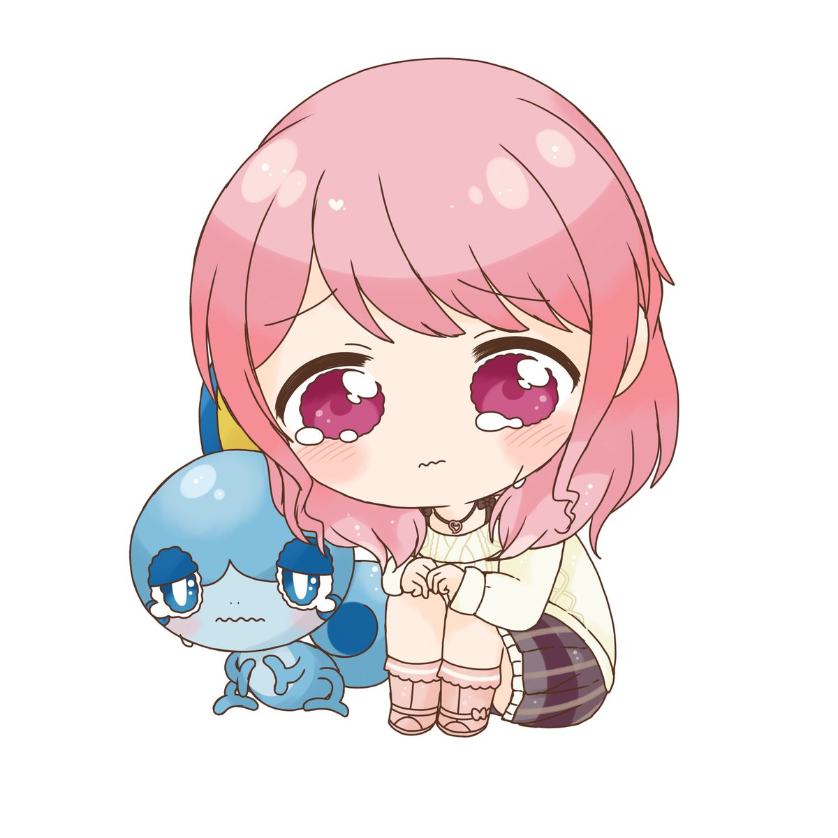 maruyama aya ,sobble pink hair 1girl hands on own knees bangs white background sitting wavy mouth  illustration images
