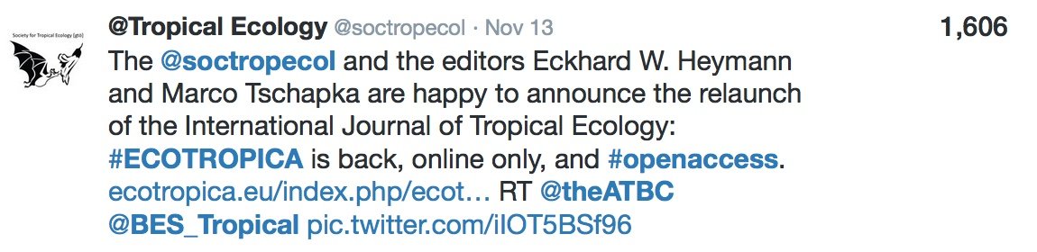 soctropecol's tweet photo. @theATBC @BES_Tropical The @soctropecol is back too ! The Top3 tweets are
Call for session #ATBC2020, Cartagena
Relaunch of #Ecotropica
Call for session #gtoe2020, Leipzig
https://t.co/t0VIXpJSCU
Registration will soon open. RT @theATBC @BritishEcolSoc @BES_Tropical @TropicalBiology @SCBEurope https://t.co/wDldYV7vSs