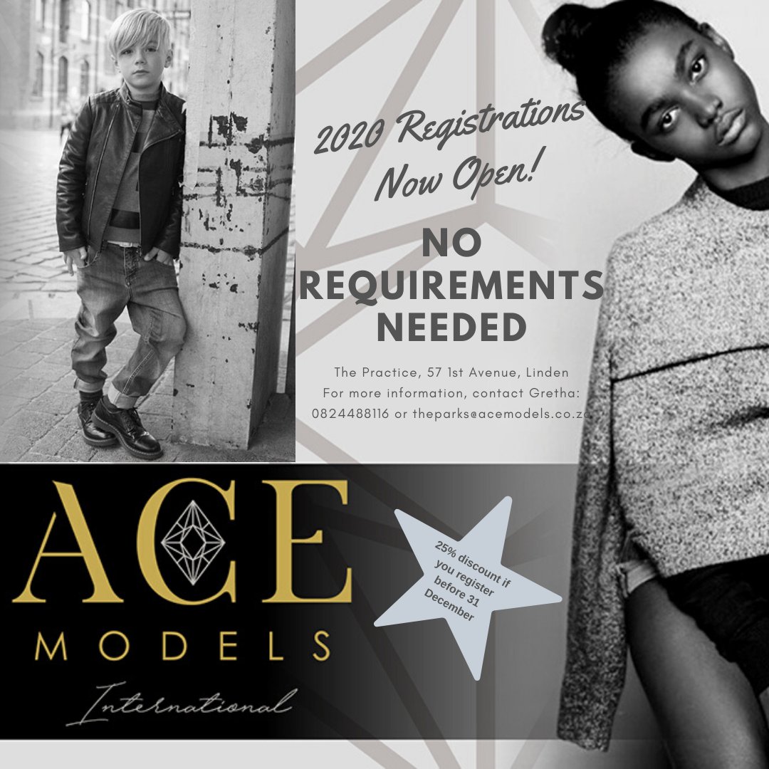 gretha_garnett's tweet photo. Register before 31 Dec & qualify for 25% discount. Secure your spot for 2020. Limited space available. Do not miss out on this amazing opportunity. Become part of the Ace Models The Parks Family. We will help you to become the best version of yourself! #BecomeYourDream #AceModels https://t.co/4a7mLJ10w3