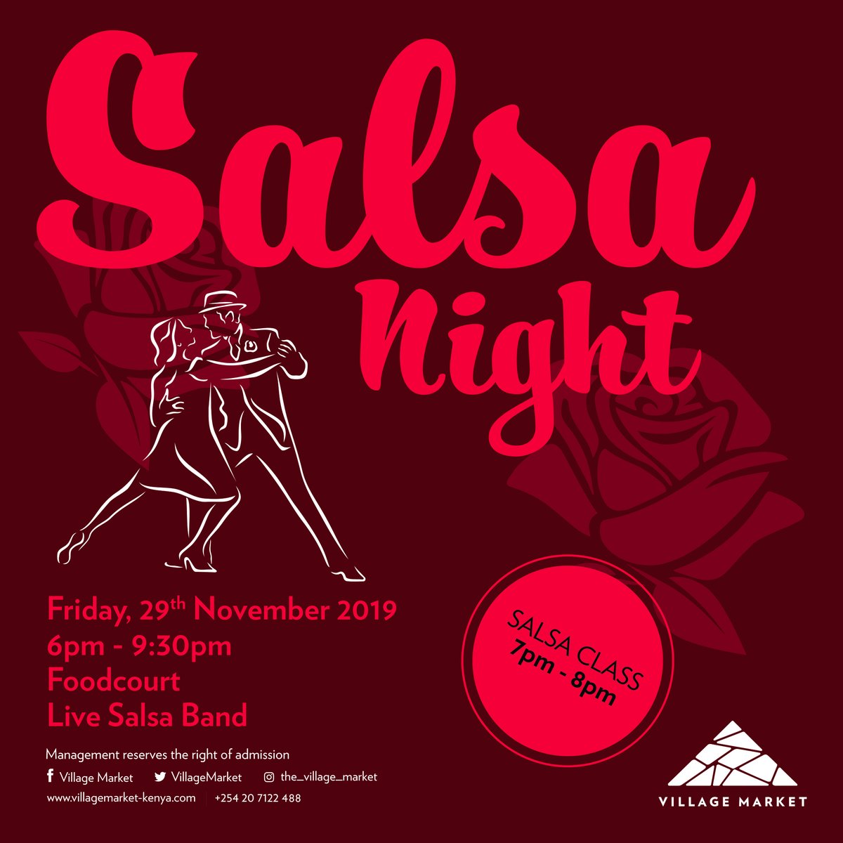 VillageMarket's tweet photo. Lose yourself to dance π Come join us on Friday 29th November from 6pm-9:30pm at the food court for rich music and free salsa classes in the presence of a live salsa band. ENTRY IS FREE #vmsalsanight #salsadancing https://t.co/oRlfKTgsn9