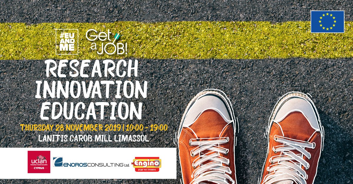 EUCYPRUS's tweet photo. Are you interested in research, innovation and education? Come meet your local employers such as @UCLanCyprus, Engino & Enoros Consulting Ltd at our #GetaJobCY fair at the Carob Mill Limassol on the 28 November 2019!
#EUandME #jobs #jobsinCyprus #Cyprus #Cyprusjobs https://t.co/dXrXDlp2Fk