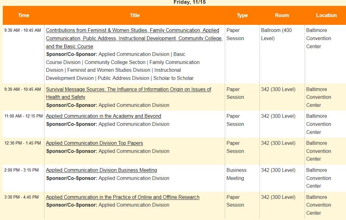 nca_appliedcomm's tweet image. Good morning #NCA19 ! Don&apos;t miss the Applied Comm Division Top Papers session @ 12:30 and the Division&apos;s Business Meeting at 2. The business meeting is where all division business is discussed, division awards are presented, and new officers are elected. We hope to see you there!