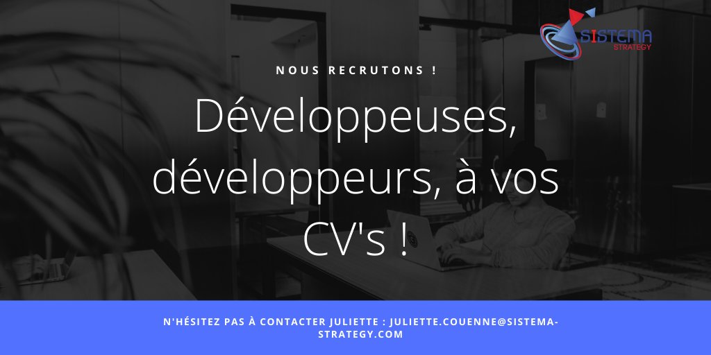 SistemaStrategy's tweet photo. @SistemaStrategy recrute ! 

#Javascript #Java #Php #Python #Developer #Docker #Kubernetes #DevOps #Recrutement #Programmation #ESB #BPM https://t.co/JgGzAn7bVG