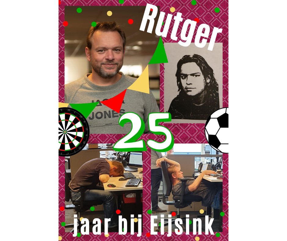 ’t Vlaggenschip, Exact-expert, dubbel-dubbele boterhammen… Rutger viert vandaag 25 jaar bij Eijsink! Inclusief Arbo-technisch verantwoorde zithouding 😂 De vierde collega al die ik hiermee dit jaar mag feliciteren, na Bjorn, Louis en Jan-Dirk. Hoe bijzonder is dat? 💪🎉