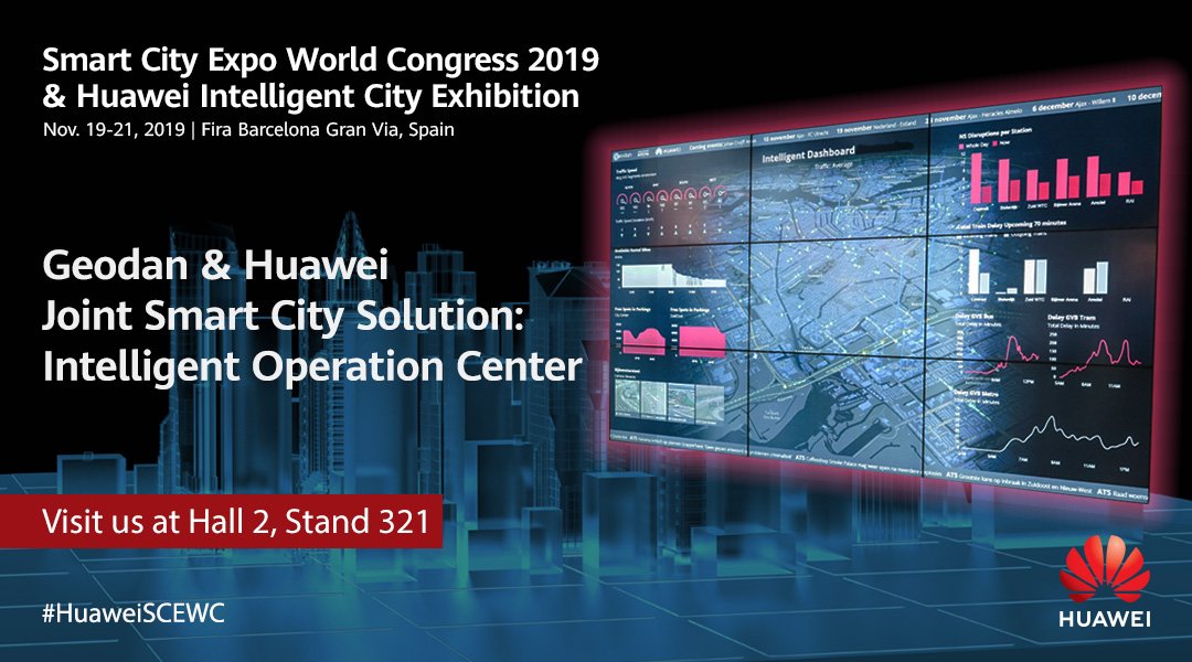 Visit us at #SCEWC19 and discover our joint Smart City solution with <a href="/GeodanNL/">GeodanNL</a>: Intelligent Operation Center - Harnessing Intelligence to Build Digital Cities. Learn more: bit.ly/350Z3NJ #HuaweiSCEWC