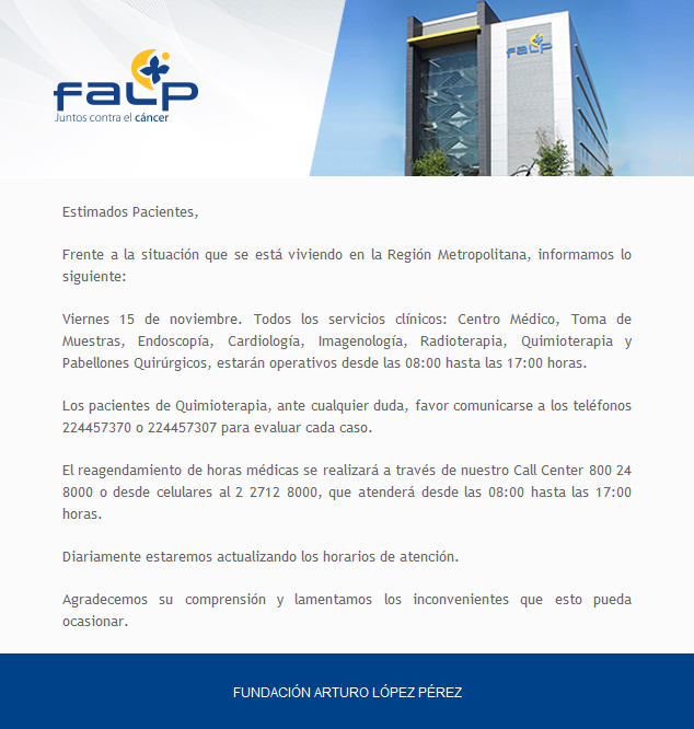 Querida comunidad FALP:
Informamos actualización de horarios de atención: