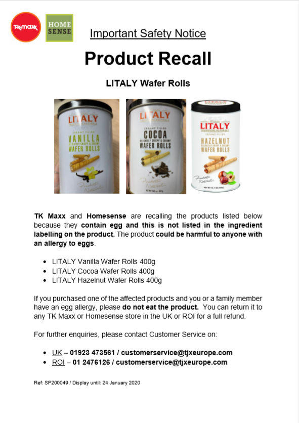 Product Recall : Litaly Wafer Rolls