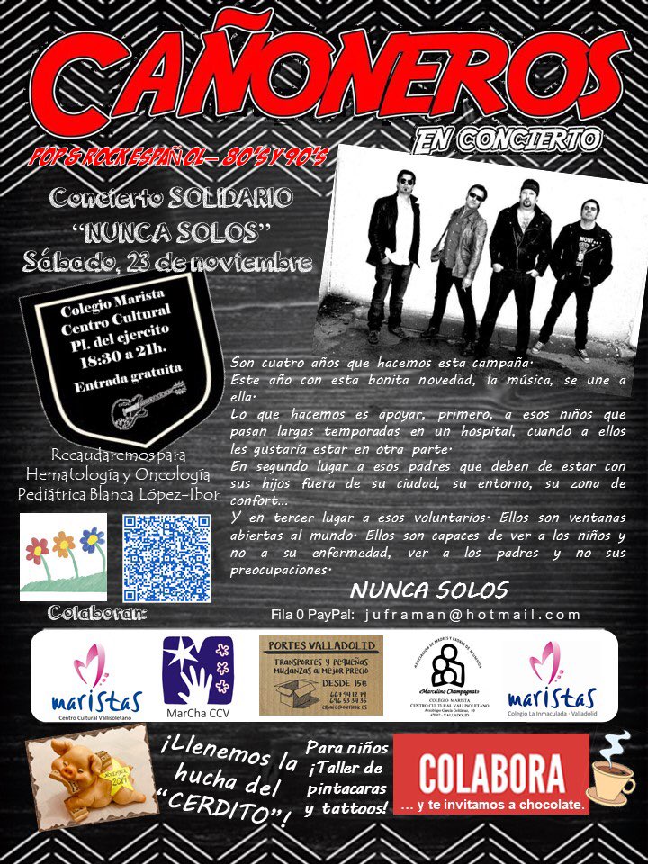 Concierto benéfico “Nunca solos” ¡Tocan Los Cañoneros! Repartirán bizcochos y chocolate caliente, por si la tarde está fresquita. Y lo más importante hay que intentar llenar la Hucha de Adrián para recaudar fondos.#nuncasolosnovember Por cada RT donaremos 5 céntimos a la causa.