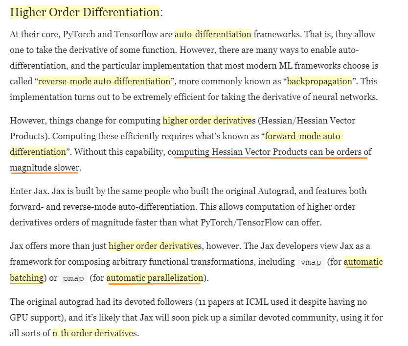 semanticbeeng's tweet photo. #Jax #ML "higher-order differentiation"

"both forward-&amp; reverse-mode auto-differentiation; computation of higher order derivatives orders of magnitude faster than #PyTorch/#TensorFlow"

#automaticDifferentiation
#automaticBatching
#automaticParallelization

#ML #ProgrammingModel https://t.co/4b1k5CKrK0