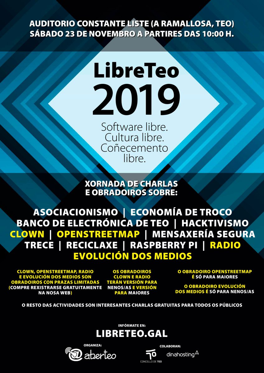 concellodeteo's tweet image. A asociación Aberteo organiza o Libreteo o sábado 23 de novembro. Podes consultar xa a programación completa. Hai obradoiros para os que é preciso inscribirse. Todas as charlas e obradoiros son de balde @ABERTEO 
teo.gal/gl/actualidade…
#aberteo #libreteo #coñecementolibre
