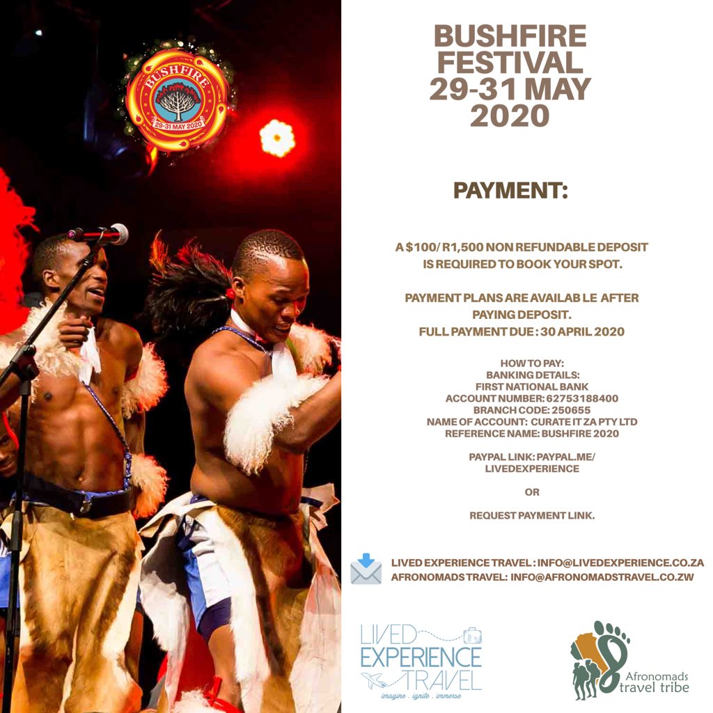 AfronomadsZim's tweet photo. Are you ready to attend one of the biggest African festivals. @AfronomadsZim and @Livedexperienc are heading to Bushfire Festival in Eswatini! Secure your spot now by sending us an email on info@afronomadstravel.co.zw OR info@livedexperience.co.za #BUSHFIRE2020 https://t.co/iT4UAELTMr