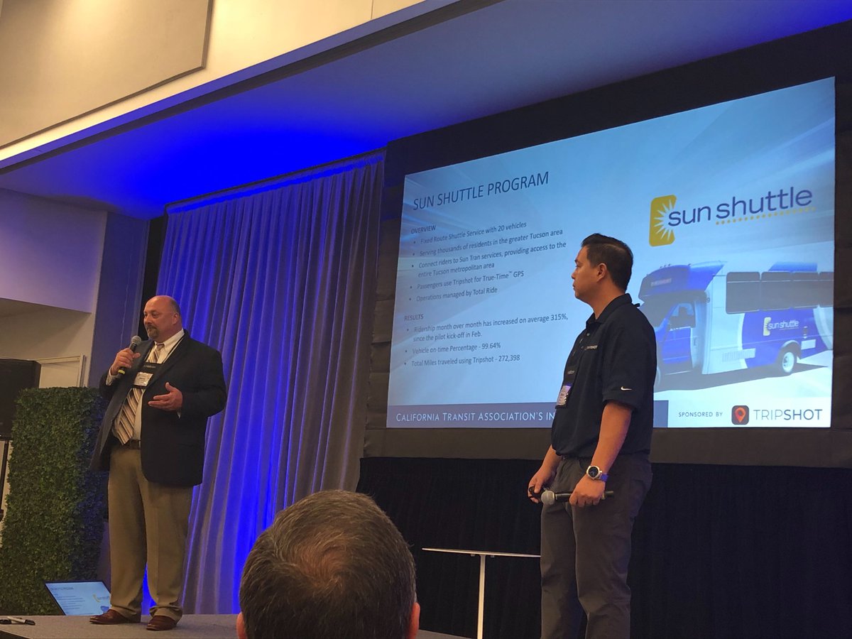 TripshotInc's tweet photo. ICYMI: Our COO & Co-Founder, Patrick Le & Steve Hamelin, Vice President of Operations at Total Transit had the chance to hop on stage at #Caltransit54 to share our work with @SunTran_Tucson’s Sun Shuttle. Awesome opportunity to discuss this innovative project. #mobilityforall https://t.co/MyqCT5W9yk